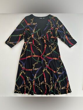 Ralph Lauren Black Label Belting Chain Print Jersey Dress Stretch Womens 18